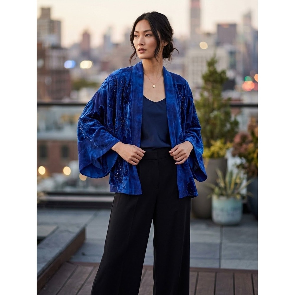 Vintage Y2K Chicos Kimono Wrap M/L Blue Velvet Applique Beaded Boho Statement
